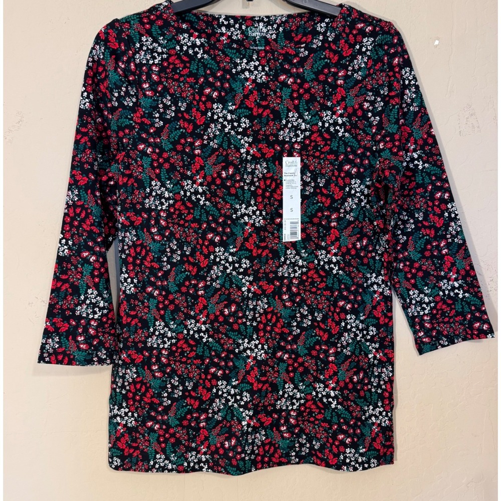 Croft & Barrow Boatneck Tee Women S Black Floral 3/4 Sleeve Cotton‎ Top NEW
